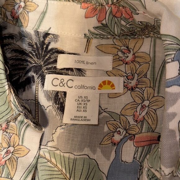 C&C XS Hawaiian Shirt Dress White Green Tropical Surf Boards Beach Toucan - Picture 9 of 10